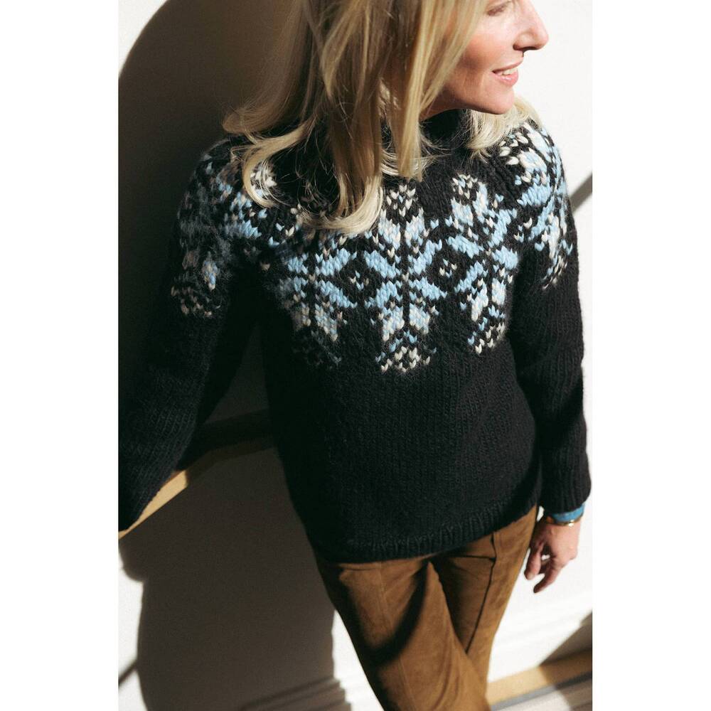 NEW POWDER PUFF COLLECTION hand knit fairisle sweater in black with powder blue